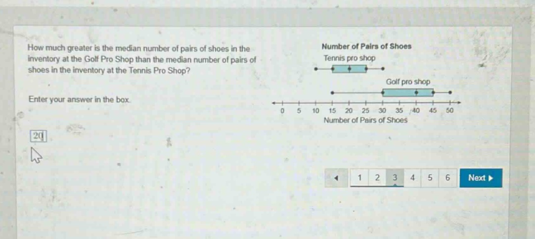 how much greater is the median number of pairs of shoes in the inventory at the golf pro shop than the median number of pairs of shoes in the inventory at the tennis pro shop? enter your answer in the box.