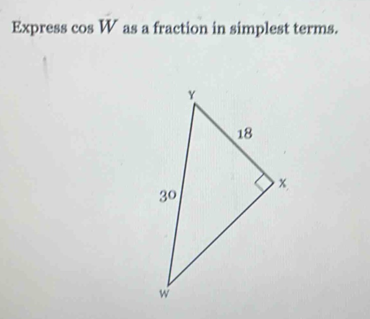 express cos w as a fraction in simplest terms.