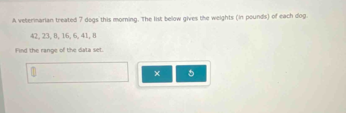 a veterinarian treated 7 dogs this morning. the list below gives the weights (in pounds) of each dog. 42, 23, 8, 16, 6, 41, 8 find the range of the data set.
