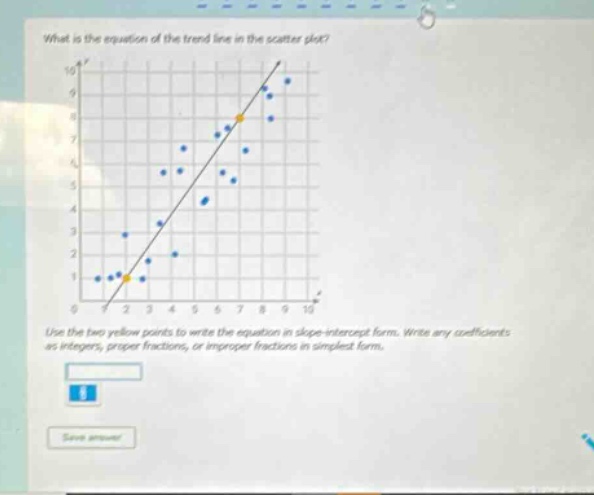 what is the equation of the trend line in the scatter - plot? use the two yellow points to write the equation in slope - intercept form. write any coefficients as integers, proper fractions, or improper fractions in simplest form.