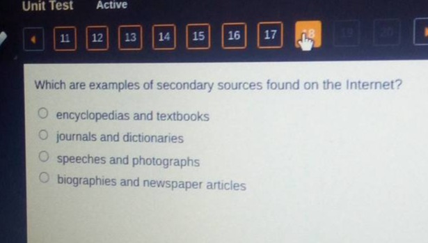 which are examples of secondary sources found on the internet? encyclopedias and textbooks journals and dictionaries speeches and photographs biographies and newspaper articles