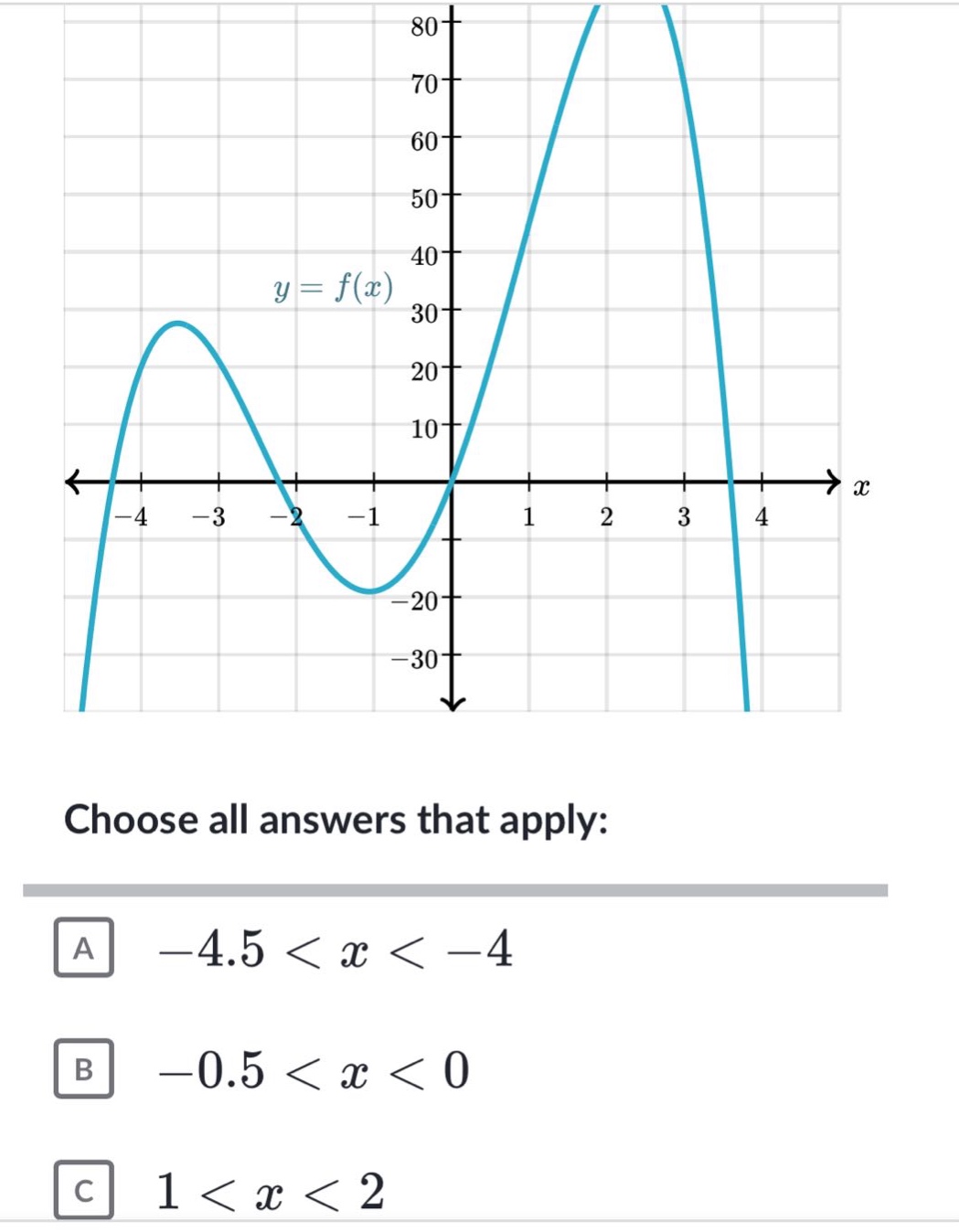 y = f(x) choose all answers that apply: a -4.5 < x < -4 b -0.5 < x < 0 c 1 < x < 2