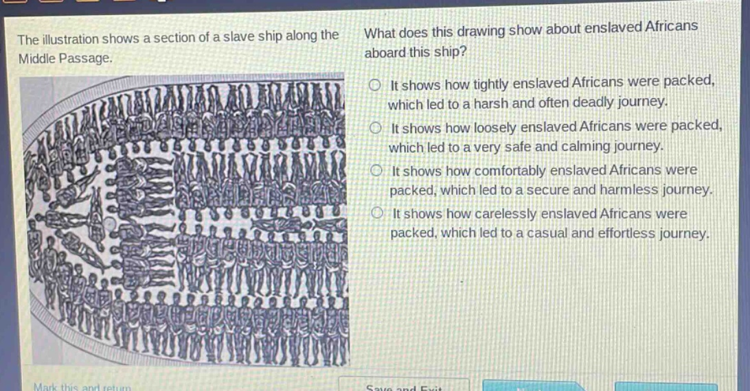 the illustration shows a section of a slave ship along the middle passage. what does this drawing show about enslaved africans aboard this ship? it shows how tightly enslaved africans were packed, which led to a harsh and often deadly journey. it shows how loosely enslaved africans were packed, which led to a very safe and calming journey. it shows how comfortably enslaved africans were packed, which led to a secure and harmless journey. it shows how carelessly enslaved africans were packed, which led to a casual and effortless journey.