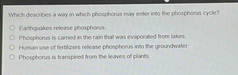 which describes a way in which phosphorus may enter into the phosphorus cycle?\no earthquakes release phosphorus.\no phosphorus is carried in the rain that was evaporated from lakes.\no human use of fertilizers release phosphorus into the groundwater.\no phosphorus is transpired from the leaves of plants.