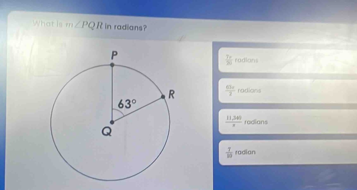 what is m∠pqr in radians? 63°