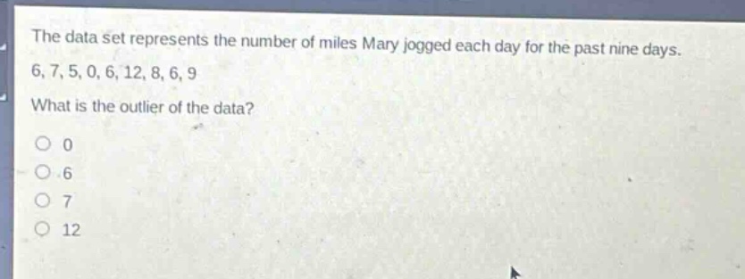 the data set represents the number of miles mary jogged each day for the past nine days. 6, 7, 5, 0, 6, 12, 8, 6, 9 what is the outlier of the data? 0 6 7 12