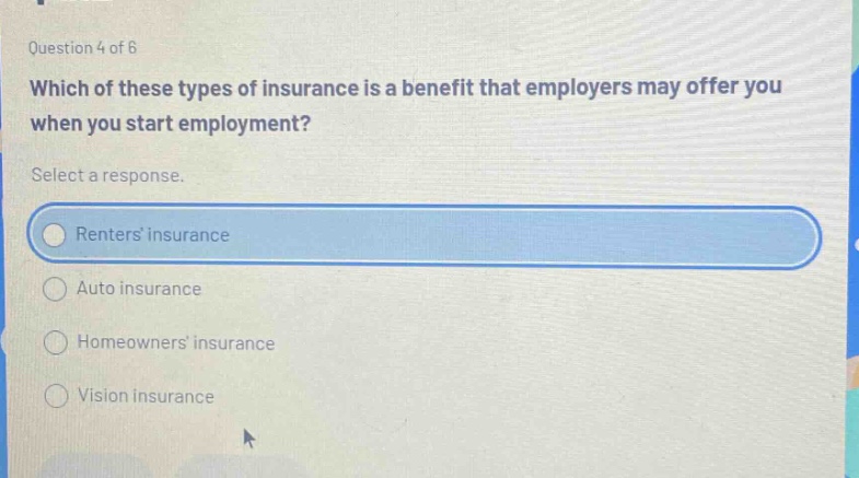 question 4 of 6 which of these types of insurance is a benefit that employers may offer you when you start employment? select a response. renters insurance auto insurance homeowners insurance vision insurance