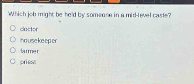 which job might be held by someone in a mid - level caste?\no doctor\no housekeeper\no farmer\no priest