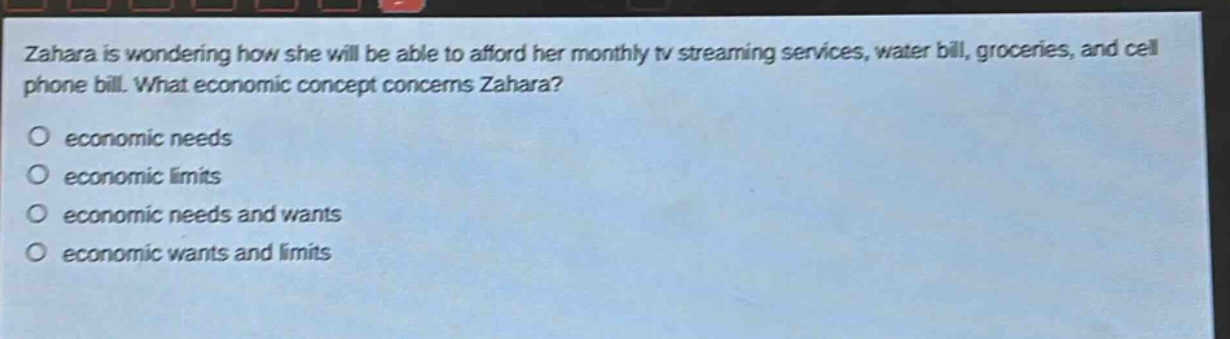 zahara is wondering how she will be able to afford her monthly tv streaming services, water bill, groceries, and cell phone bill. what economic concept concerns zahara?\no economic needs\no economic limits\no economic needs and wants\no economic wants and limits
