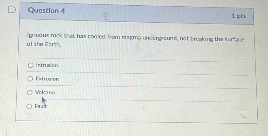 question 4 1 pts igneous rock that has cooled from magma underground, not breaking the surface of the earth. intrusion extrusion volcano fault