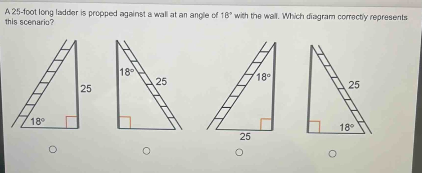 a 25 - foot long ladder is propped against a wall at an angle of 18° with the wall. which diagram correctly represents this scenario?