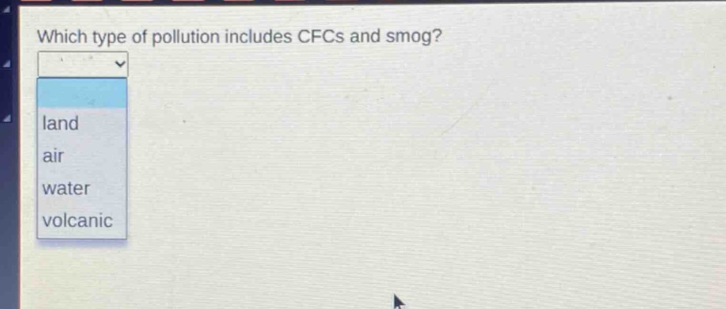 which type of pollution includes cfcs and smog? land air water volcanic