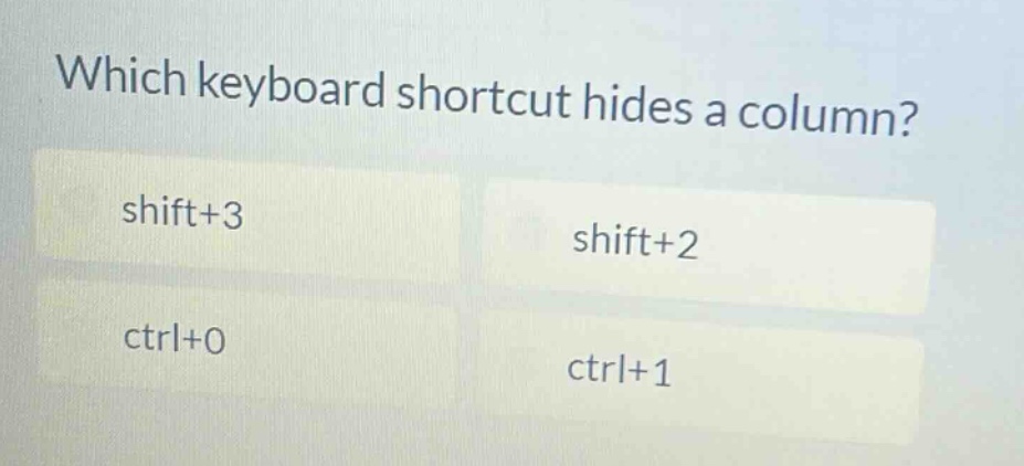 which keyboard shortcut hides a column? shift+3 shift+2 ctrl+0 ctrl+1