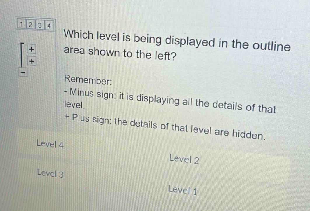 which level is being displayed in the outline area shown to the left? remember: - minus sign: it is displaying all the details of that level. + plus sign: the details of that level are hidden. level 4 level 2 level 3 level 1