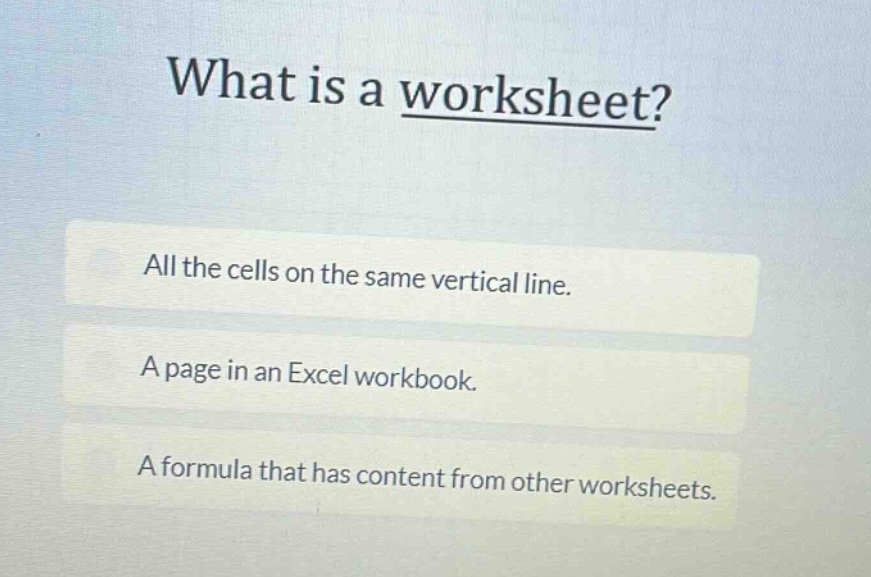 what is a worksheet? all the cells on the same vertical line. a page in an excel workbook. a formula that has content from other worksheets.