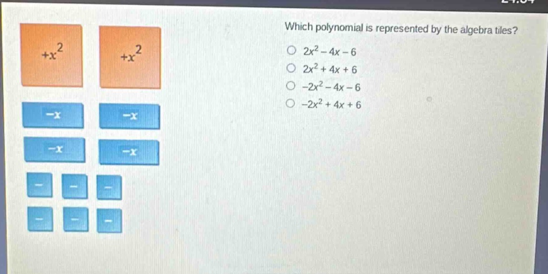 which polynomial is represented by the algebra tiles? 2x² - 4x - 6 2x² + 4x + 6 -2x² - 4x - 6 -2x² + 4x + 6