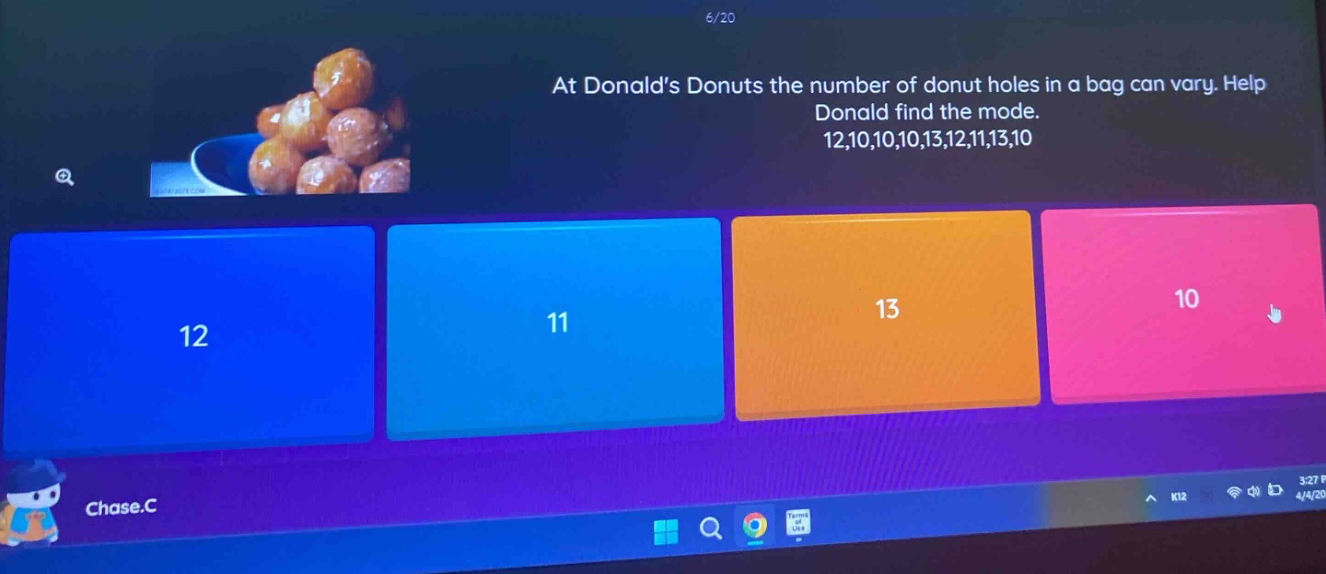 at donalds donuts the number of donut holes in a bag can vary. help donald find the mode. 12,10,10,10,13,12,11,13,10