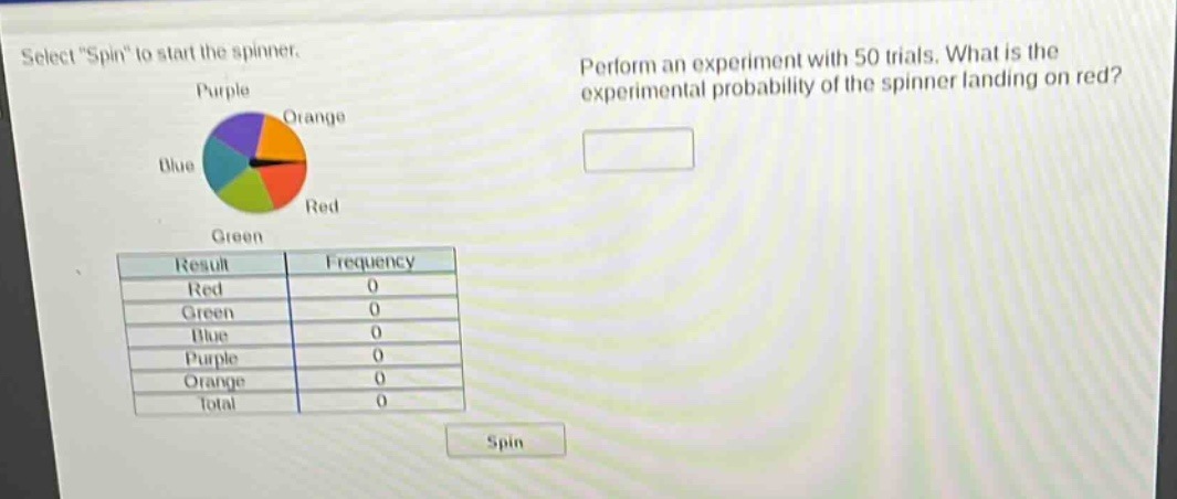 select \spin\ to start the spinner. perform an experiment with 50 trials. what is the experimental probability of the spinner landing on red? result frequency red 0 green 0 blue 0 purple 0 orange 0 total 0 spin