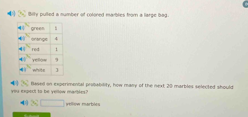 billy pulled a number of colored marbles from a large bag. green 1 orange 4 red 1 yellow 9 white 3 based on experimental probability, how many of the next 20 marbles selected should you expect to be yellow marbles? yellow marbles