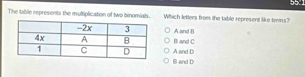 the table represents the multiplication of two binomials. which letters from the table represent like terms? -2x 3 4x a b 1 c d a and b b and c a and d b and d