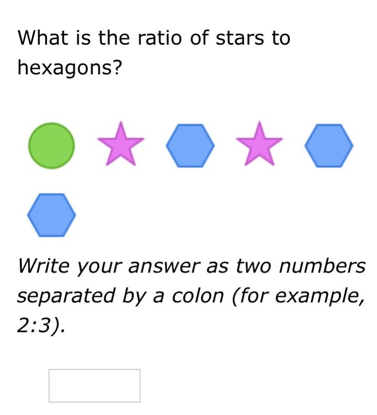 what is the ratio of stars to hexagons? write your answer as two numbers separated by a colon (for example, 2:3).