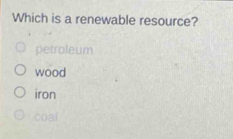 which is a renewable resource?\npetroleum\nwood\niron\ncoal