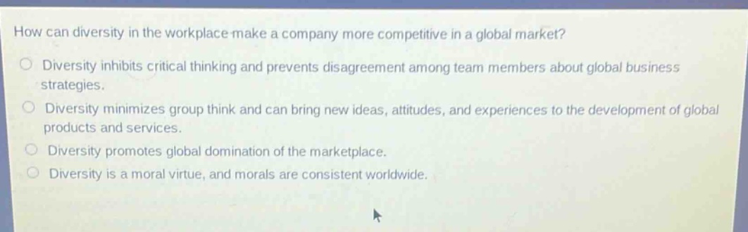 how can diversity in the workplace make a company more competitive in a global market?\ndiversity inhibits critical thinking and prevents disagreement among team members about global business strategies.\ndiversity minimizes group think and can bring new ideas, attitudes, and experiences to the development of global products and services.\ndiversity promotes global domination of the marketplace.\ndiversity is a moral virtue, and morals are consistent worldwide.