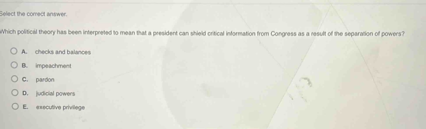 select the correct answer. which political theory has been interpreted to mean that a president can shield critical information from congress as a result of the separation of powers? a. checks and balances b. impeachment c. pardon d. judicial powers e. executive privilege