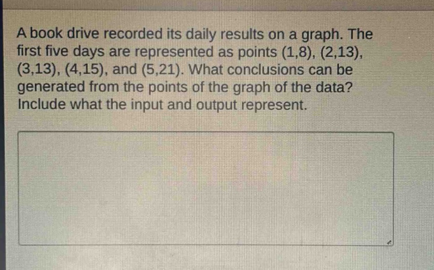 a book drive recorded its daily results on a graph. the first five days are represented as points (1,8), (2,13), (3,13), (4,15), and (5,21). what conclusions can be generated from the points of the graph of the data? include what the input and output represent.