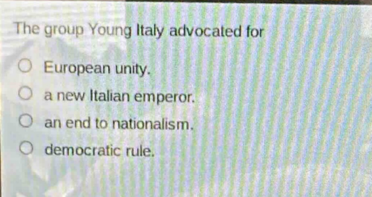 the group young italy advocated for\no european unity.\no a new italian emperor.\no an end to nationalism.\no democratic rule.