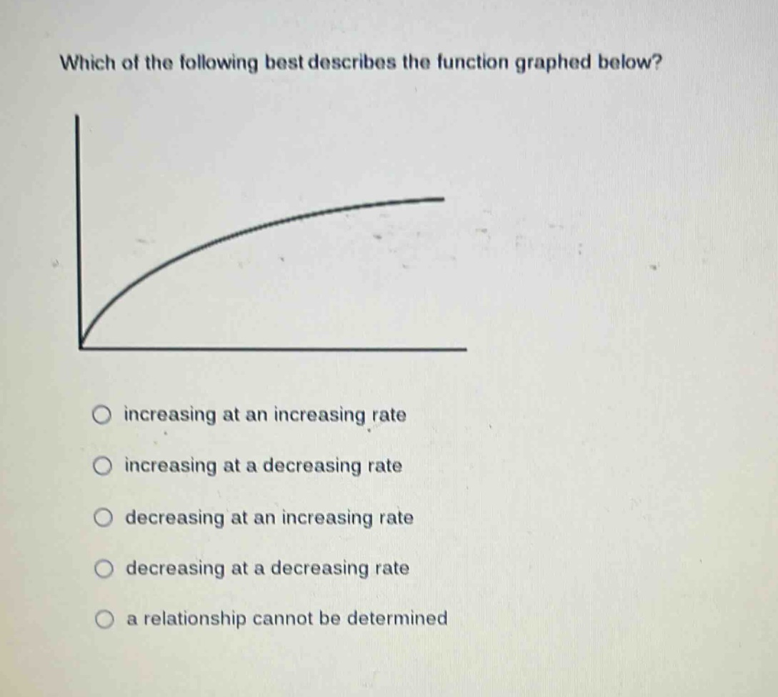 which of the following best describes the function graphed below? increasing at an increasing rate increasing at a decreasing rate decreasing at an increasing rate decreasing at a decreasing rate a relationship cannot be determined