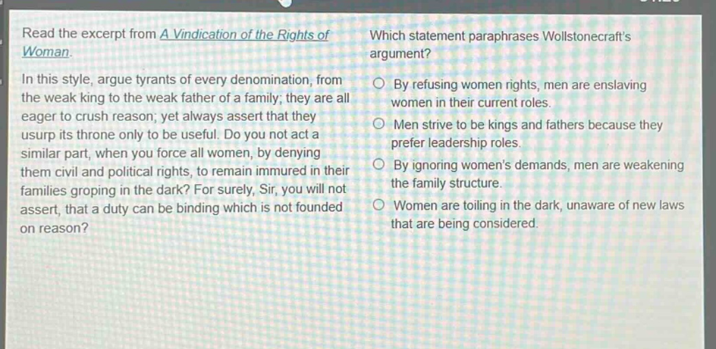 read the excerpt from a vindication of the rights of woman. in this style, argue tyrants of every denomination, from the weak king to the weak father of a family; they are all eager to crush reason; yet always assert that they usurp its throne only to be useful. do you not act a similar part, when you force all women, by denying them civil and political rights, to remain immured in their families groping in the dark? for surely, sir, you will not assert, that a duty can be binding which is not founded on reason? which statement paraphrases wollstonecrafts argument? by refusing women rights, men are enslaving women in their current roles. men strive to be kings and fathers because they prefer leadership roles. by ignoring womens demands, men are weakening the family structure. women are toiling in the dark, unaware of new laws that are being considered.