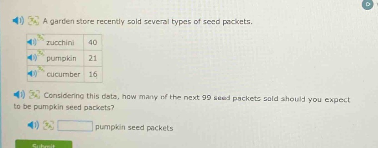 a garden store recently sold several types of seed packets. zucchini 40 pumpkin 21 cucumber 16 considering this data, how many of the next 99 seed packets sold should you expect to be pumpkin seed packets? pumpkin seed packets
