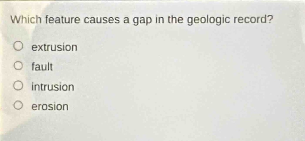 which feature causes a gap in the geologic record? extrusion fault intrusion erosion