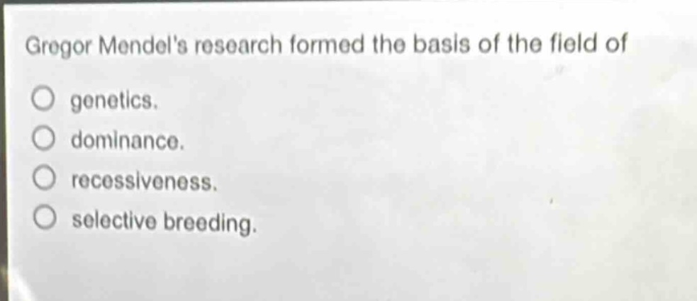 gregor mendels research formed the basis of the field of\no genetics.\no dominance.\no recessiveness.\no selective breeding.