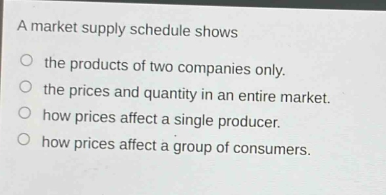 a market supply schedule shows the products of two companies only. the prices and quantity in an entire market. how prices affect a single producer. how prices affect a group of consumers.