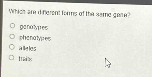 which are different forms of the same gene?\no genotypes\no phenotypes\no alleles\no traits