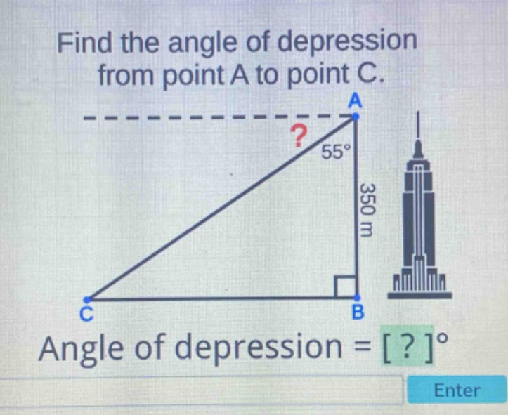 find the angle of depression from point a to point c. angle of depression = ?°