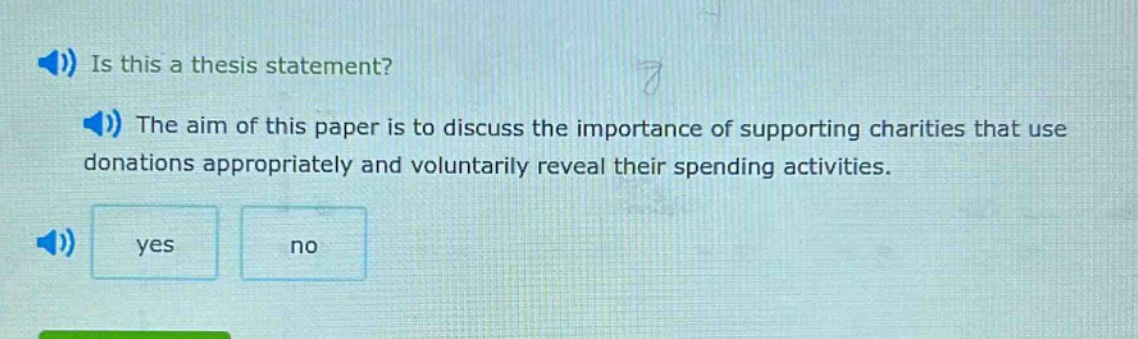is this a thesis statement? the aim of this paper is to discuss the importance of supporting charities that use donations appropriately and voluntarily reveal their spending activities. yes no