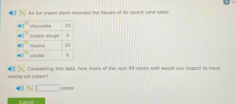 an ice cream store recorded the flavors of its recent cone sales. chocolate 10 cookie dough 6 mocha 20 vanilla 8 considering this data, how many of the next 99 cones sold would you expect to have mocha ice cream? cones