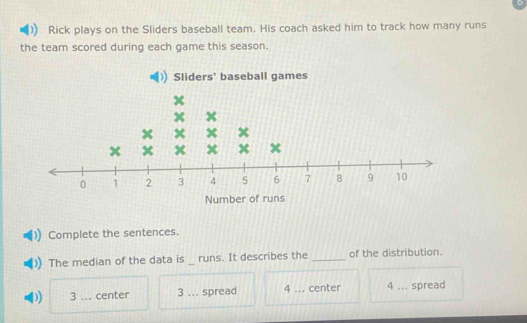 rick plays on the sliders baseball team. his coach asked him to track how many runs the team scored during each game this season. sliders baseball games complete the sentences. the median of the data is _ runs. it describes the ______ of the distribution. 3 ... center 3 ... spread 4 ... center 4 ... spread