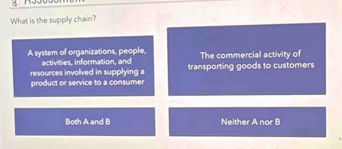 what is the supply chain? a system of organizations, people, activities, information, and resources involved in supplying a product or service to a consumer the commercial activity of transporting goods to customers both a and b neither a nor b