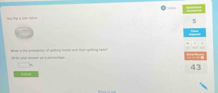 you flip a coin twice. what is the probability of getting heads and then getting tails? write your answer as a percentage.