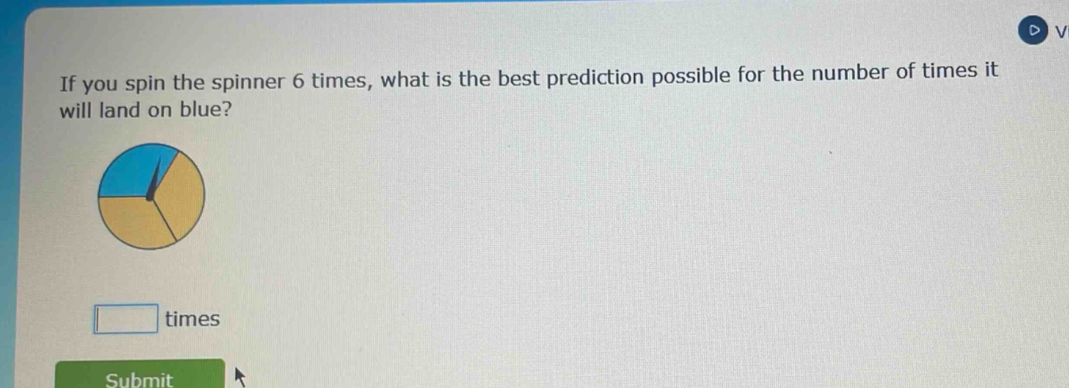 if you spin the spinner 6 times, what is the best prediction possible for the number of times it will land on blue? times