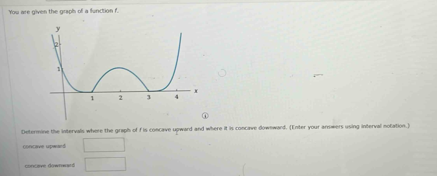 you are given the graph of a function f. determine the intervals where the graph of f is concave upward and where it is concave downward. (enter your answers using interval notation.) concave upward concave downward