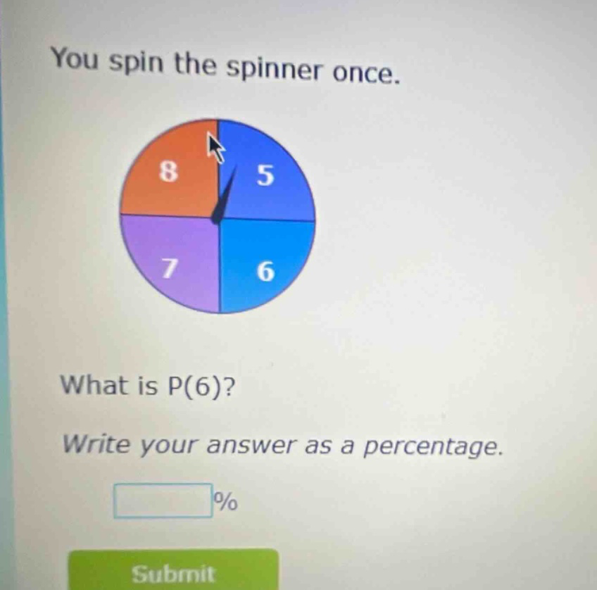 you spin the spinner once. what is p(6)? write your answer as a percentage.