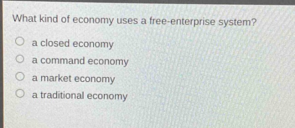 what kind of economy uses a free - enterprise system?\n a closed economy\n a command economy\n a market economy\n a traditional economy