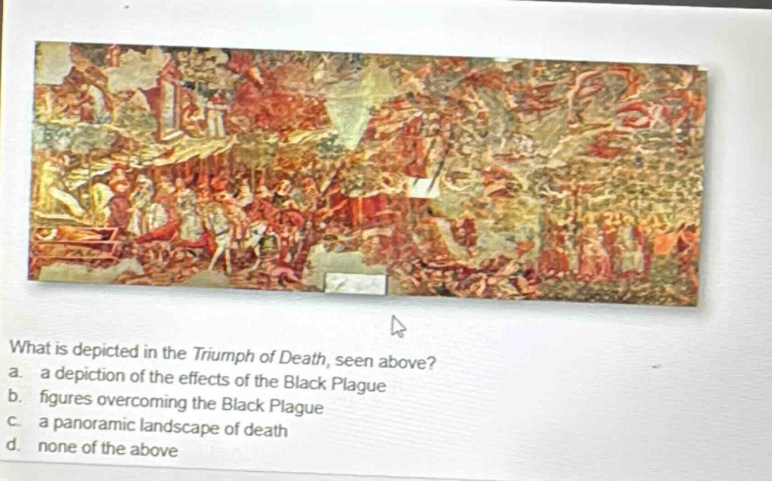 what is depicted in the triumph of death, seen above? a. a depiction of the effects of the black plague b. figures overcoming the black plague c. a panoramic landscape of death d. none of the above