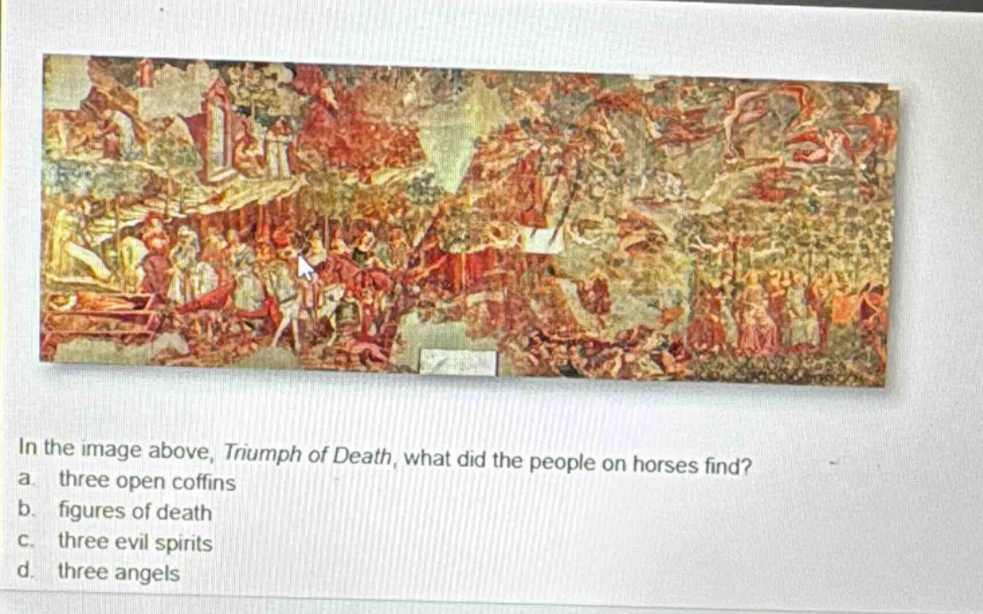 in the image above, triumph of death, what did the people on horses find? a. three open coffins b. figures of death c. three evil spirits d. three angels