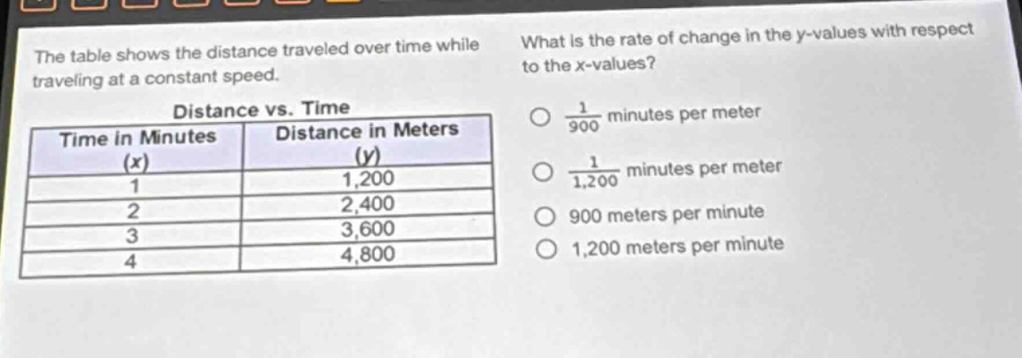 the table shows the distance traveled over time while traveling at a constant speed. what is the rate of change in the y - values with respect to the x - values? distance vs. time time in minutes (x) distance in meters (y) 1 1,200 2 2,400 3 3,600 4 4,800 1/900 minutes per meter 1/1,200 minutes per meter 900 meters per minute 1,200 meters per minute